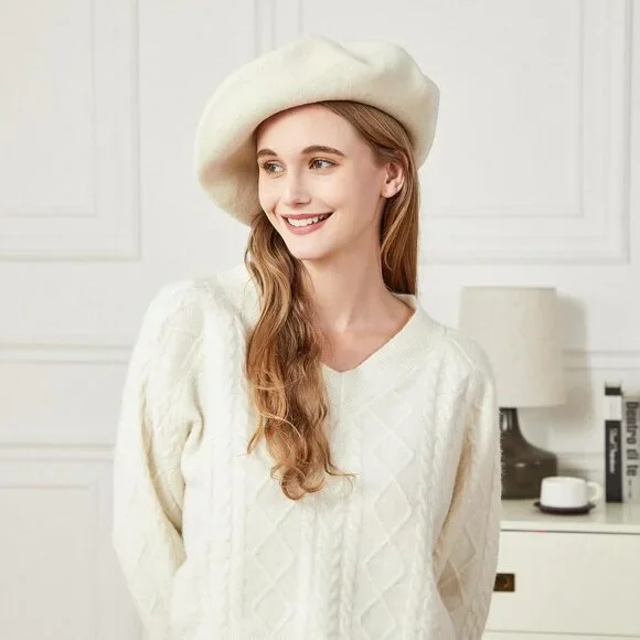 XXL 100% Wool French White Beret Hats for Women Man Painter hat Classic Painter'